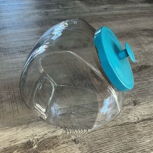 Vintage Clear Glass Slanted Old Country Store Penny Candy Jar W/ Aqua Lid, 1 Gal